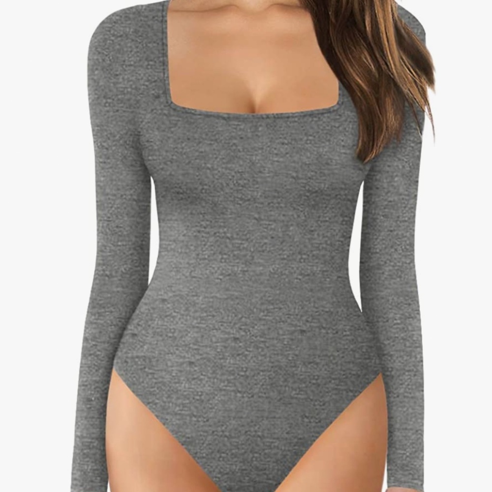 MANGOPOP Women's Square Neck Long Sleeve Tops Bodysuit Jumpsuit Size Medium Grey